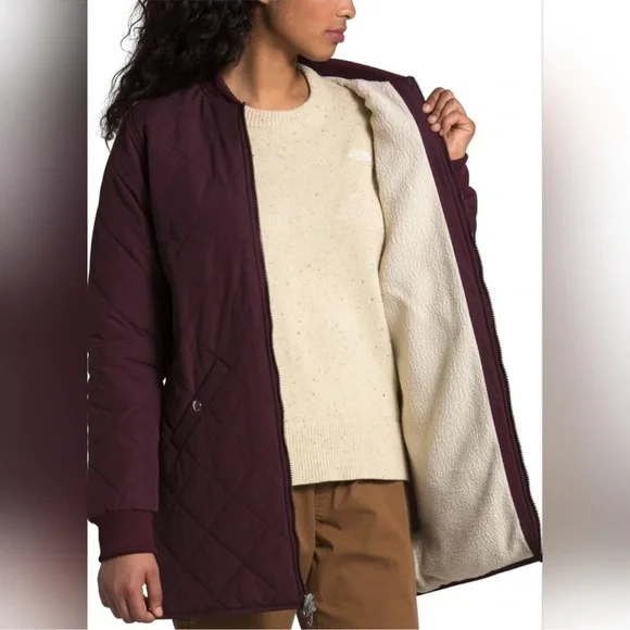 The North Face Womens Quilted Cuchillo Parka Large Coat Fleece Burgundy Maroon - Picture 3 of 16